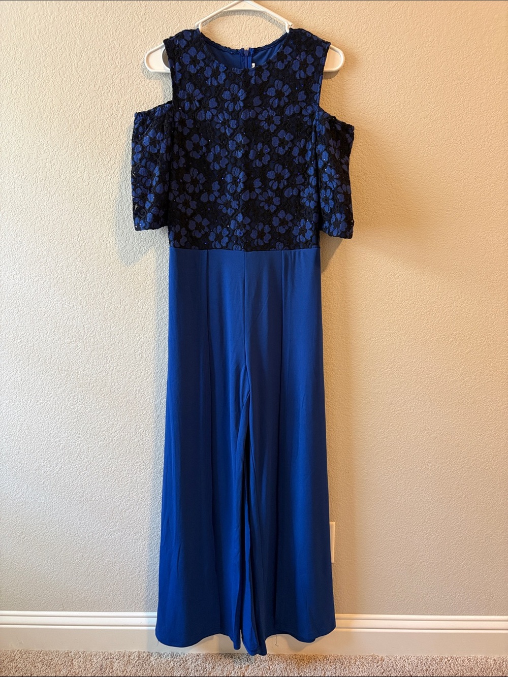 Royal Blue Cold-Shoulder Jumpsuit with Lace Bodice